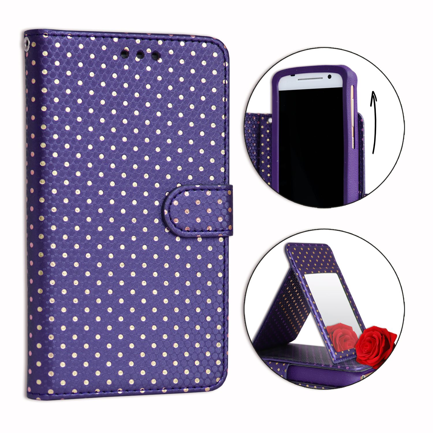 Ph26® Etui Housse Folio Violet À Pois Dorés Pour Samsung Galaxy S4 Mini En Éco-Cuir Avec Porte Cartes, Miroir Et Surpiqures Apparentes