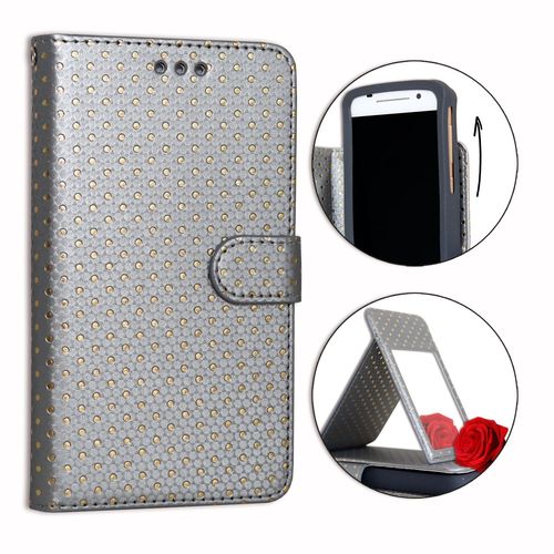 Ph26® Etui Housse Folio Argent À Pois Dorés Pour Nokia Lumia 520 En Éco-Cuir Avec Porte Cartes, Miroir Et Surpiqures Apparentes