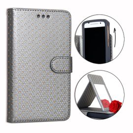 Ph26® Etui Housse Folio Argent À Pois Dorés Pour Nokia Lumia 530 En Éco-Cuir Avec Porte Cartes, Miroir Et Surpiqures Apparentes