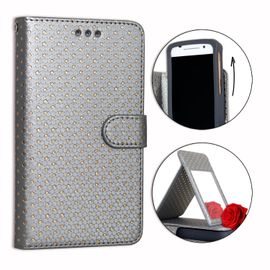 Ph26® Etui Housse Folio Argent À Pois Dorés Pour Samsung Galaxy Ace 4 En Éco-Cuir Avec Porte Cartes, Miroir Et Surpiqures Apparentes