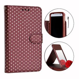 Ph26® Etui Housse Folio Marron À Pois Dorés Pour Samsung Galaxy Ace 4 En Éco-Cuir Avec Porte Cartes, Miroir Et Surpiqures Apparentes