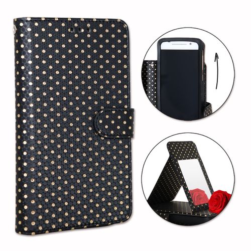 Ph26® Etui Housse Folio Noir À Pois Dorés Pour Nokia Lumia 520 En Éco-Cuir Avec Porte Cartes, Miroir Et Surpiqures Apparentes