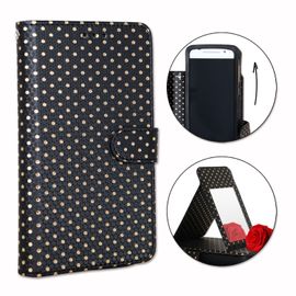 Ph26® Etui Housse Folio Noir À Pois Dorés Pour Samsung Galaxy Ace 4 En Éco-Cuir Avec Porte Cartes, Miroir Et Surpiqures Apparentes