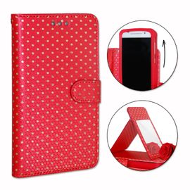 Ph26® Etui Housse Folio Rouge À Pois Dorés Pour Samsung Galaxy Ace 4 En Éco-Cuir Avec Porte Cartes, Miroir Et Surpiqures Apparentes