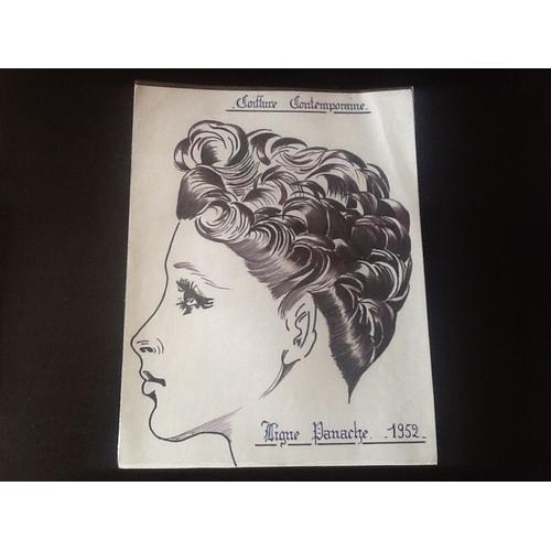 [Vintage - Mode Années 50 - Coiffure] Planche Calligraphiée, Dessinée Et Peinte.Visage Féminin De Profil."Ligne Panache".1952