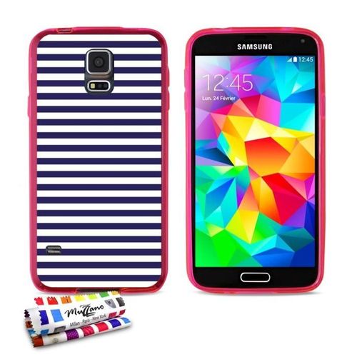 Coque Case Samsung Galaxy S5 " Mariniere Bleue " Silicone Rose Souple (Tpu)