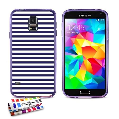 Coque Case Samsung Galaxy S5 " Mariniere Bleue " Silicone Violet Souple (Tpu)