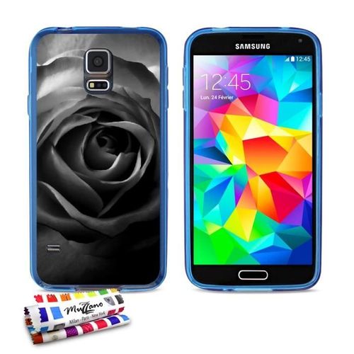 Coque Case Samsung Galaxy S5 " Rose Noire " Silicone Bleu Souple (Tpu)