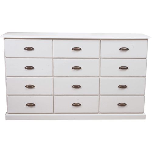 Meuble À Tiroirs Rustique En Bois Massif Tilleul Avec Finition Antique Blanche L170xpr40xh100 Cm