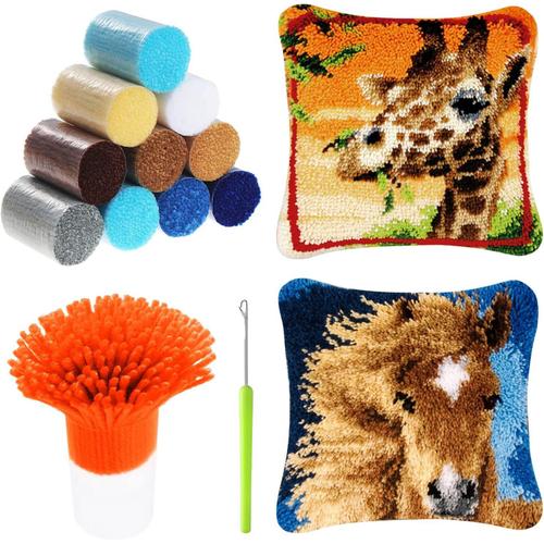 Bricolage Tapis Fabrication Kit, Loquet Crochet Kit Complet Housse de Coussin,Kits de Crochet pour Débutants Adultes ou Enfants,Artisanat Créatif (Cheval et Girafe)