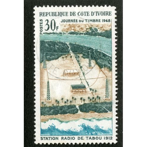 Timbre Oblitéré Journée Du Timbre 1968, République De Côte D'ivoire, Station Radio De Tabou 1912, Postes, 30f