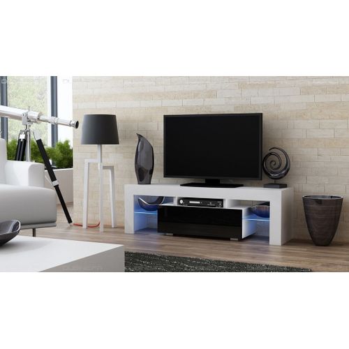 Meuble Tv Spider À Led En Blanc Mat Avec Porte Noir Laqué 130 Cm