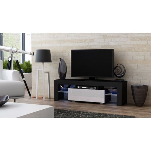 Meuble Tv Spider À Led En Mat Noir Avec Porte Blanc Laqué 130 Cm
