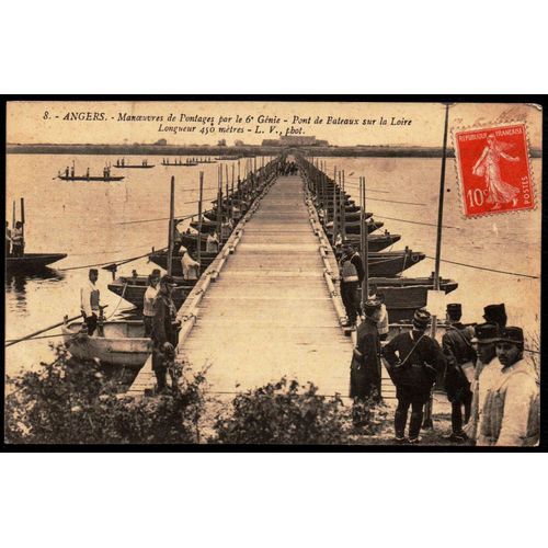 Carte Postale Ancienne, France, Maine Et Loire ( 49 ), Angers, Manoeuvres De Pontage Par Le 6e Génie, Pont De Bateaux Sur La Loire ( Longueur 450 Mètres )