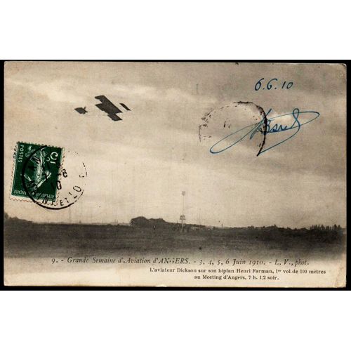 Carte Postale Ancienne, France, Maine Et Loire ( 49 ), Angers, Grande Semaine D'aviation, L'aviateur Dickson Sur Son Biplan Henri Farman ( 1er Vol De 100 Mètres Au Meeting)