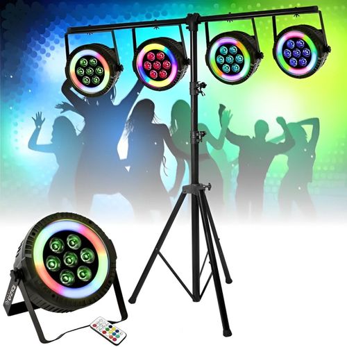 Pack de 4 Projecteurs Par Ibiza Light THINPAR-LED-RING7x6W RGBW 48 LED SMD + Portique d'éclairage SL002 - Télécommande DMX