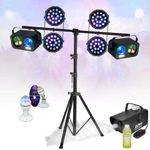 Pack Pied Lumière PARTY LIGHT & SOUND 4 Projecteurs PAR RGB - 2 Jeux Lumières Gobo Astro Strobe - Machine Fumée Liquide 1L Soirée Dj