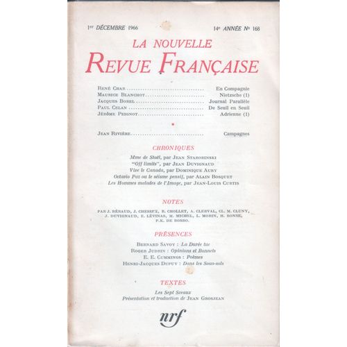 La Nouvelle Revue Française, N° 168, Décembre 1966