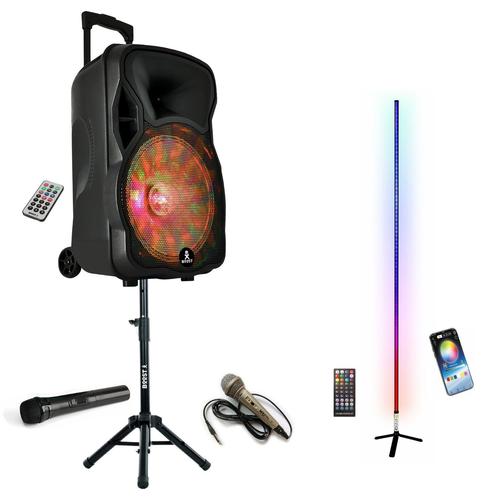 Pack Karaoké Enceinte mobile 600W BOOST-MOBILE12-SET Bluetooth USB - 2 Micros - Pied - Barre LED RGB MAGIC-COLOR-STICK-1.0BK - Câble