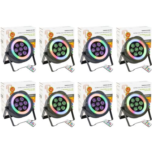 Pack de 8 Projecteurs Par Ibiza Light THINPAR-LED-RING Télécommande- 7x6W RGBW 4-en-1 48 LED SMD Soirée Dj Club Fête Bar DMX