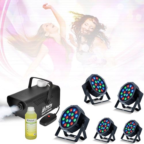 Pack Lumière 5 Projecteurs Par 18X1W RGB DMX - Machine à fumée 400W avec produit - DJ Mobile - Soirée - Mariage - Anniversaire