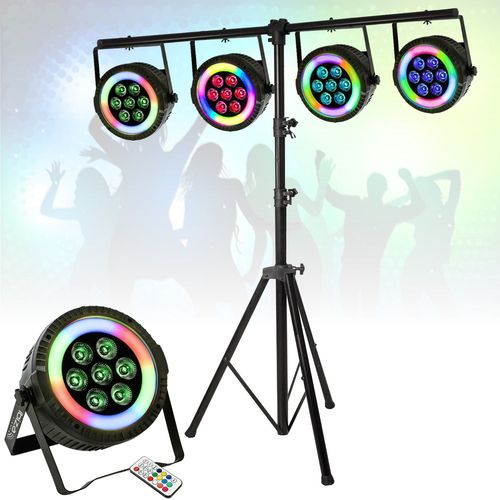 Pack de 4 Projecteurs Par Ibiza Light THINPAR-LED-RING Télécommande - 7x6W RGBW 4-en-1 48 LED SMD DMX Dj Club Fête Bar Extra-plats