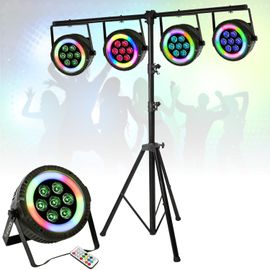 Pack de 4 Projecteurs Par Ibiza Light THINPAR-LED-RING Télécommande - 7x6W RGBW 4-en-1 48 LED SMD DMX Dj Club Fête Bar Extra-plats