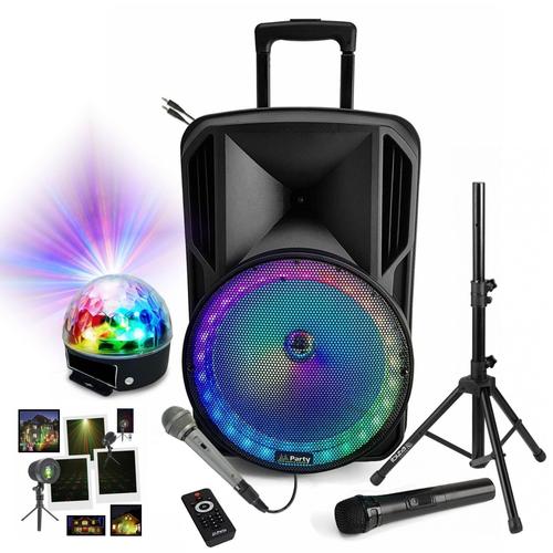 Pack Enceinte Karaoke USB Bluetooth sur Batterie Party-12RGB Tuner - 2 Micros - Télécommande - Pied support - 2 Jeux de Lumière