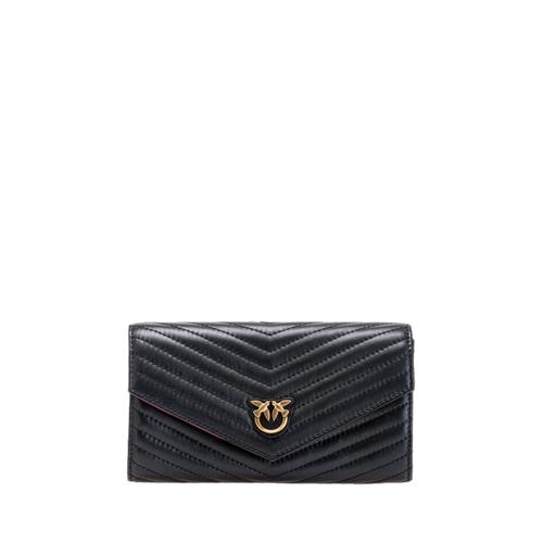 Portefeuille Pinko Compact Wallet en nappa matelassé à chevrons noir et doré