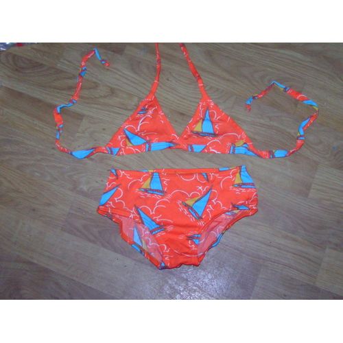 Maillot De Bain . 2 Pièces 6 Ans Fond Orange Bateaux Multicolore