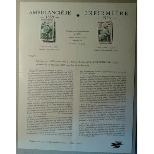 Notice Philatélique Ministère Des Postes De Télécommunications 1966 N°33 Timbres N°1508 Et 1509 Yt Croix-Rouge Ambulancière 1859 Infirmière 1966 Oblitérés