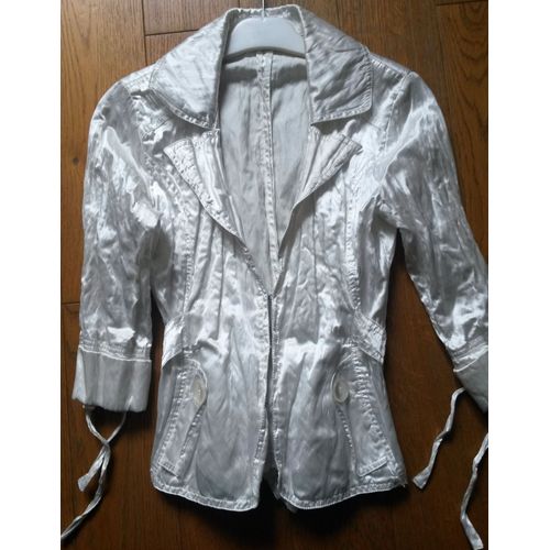 Très Jolie Veste Courte Morgan T.38 Blanc Satiné Effet Froissé