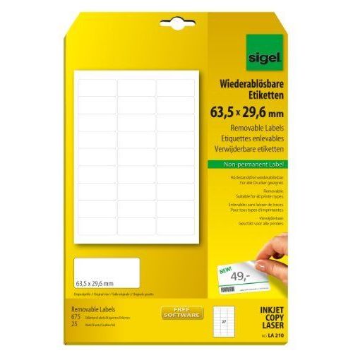 Sigel La210 Paquet De 25 Feuilles A4 Pour 675 Étiquettes Amovibles Aux Bords Arrondis 63,5 X 29,6 Mm Pour Photocopieur Et Imprimante Laser Et Jet D'encre Blanc Import Allemagne