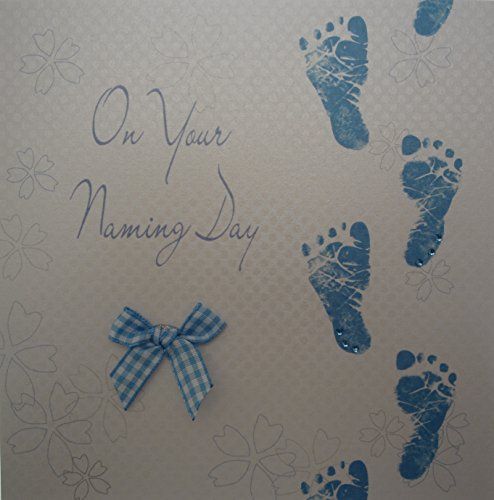 White Cotton Cards Carte Fait Main Bois ``On Your Naming Day Naming Day Bleu, Blanc