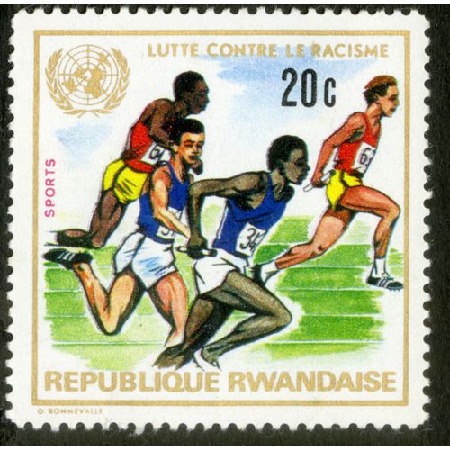 Timbre République Rwandaise, Lutte Contre Le Racisme, Sports, 20c