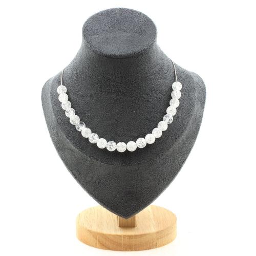 Collier 20 Perles Quartz Craquelé Du Brésil 8 Mm Chaine En Acier Collier Femmes, Hommes. Taille Personnalisable.