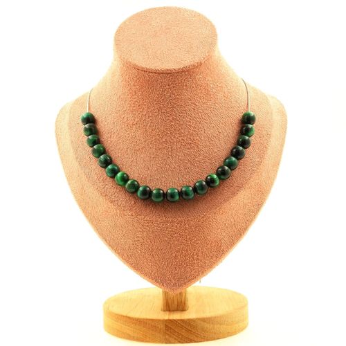 Collier 20 Perles Oeil De Tigre Vert 8 Mm. Chaine En Acier Inoxydable Collier Femmes, Hommes. Taille Personnalisable.