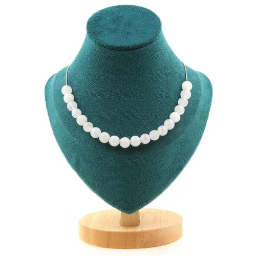 Collier 20 Perles Pierre De Lune 8 Mm. Chaine En Acier Inoxydable Collier Femmes, Hommes. Taille Personnalisable.