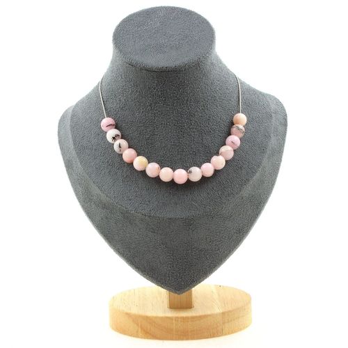 Collier 15 Perles Opale Rose 8 Mm. Chaine En Acier Inoxydable Collier Femmes, Hommes. Taille Personnalisable.
