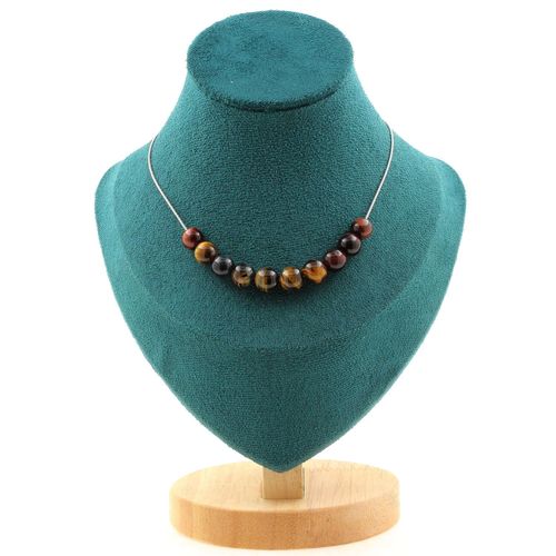 Collier 10 Perles Oeil De Tigre Mix Couleurs 8 Mm. Chaine En Acier Collier Femmes, Hommes. Taille Personnalisable.