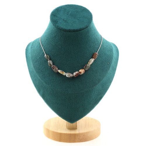 Collier 10 Perles Quartz Fantôme Vert Du Brésil Chaine En Acier Collier Femmes, Hommes. Taille Personnalisable.