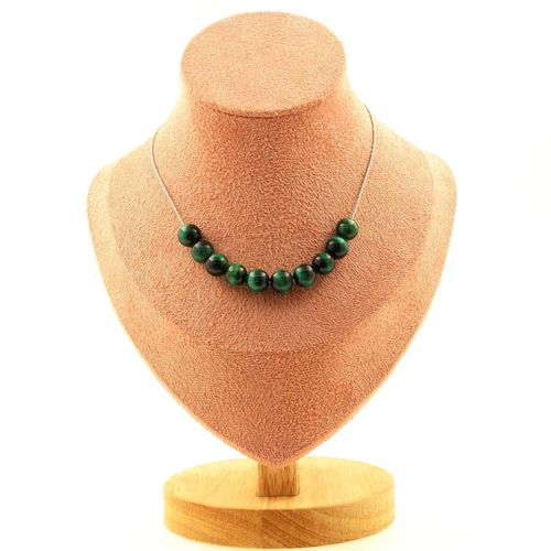 Collier 10 Perles Oeil De Tigre Vert 8 Mm. Chaine En Acier Inoxydable Collier Femmes, Hommes. Taille Personnalisable.