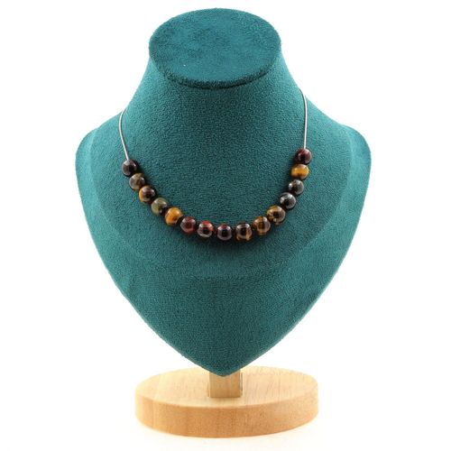 Collier 15 Perles Oeil De Tigre Mix Couleurs 8 Mm. Chaine En Acier Collier Femmes, Hommes. Taille Personnalisable.