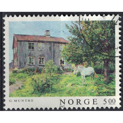 Norvège 1987 Oblitéré Used Peinture Cheval Blanc Devant Une Maison De Ferme