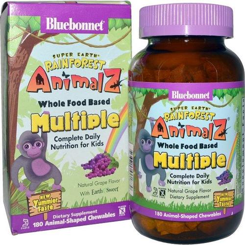 Rainforest Animalz- Whole Food Based Multiple- Natural Grape Flavor (180 Chewable Tablets) - Bluebonnet Nutrition 