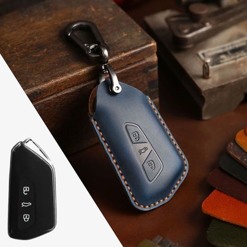 Bleu - Housse De Clé De Voiture Intelligente En Cuir Véritable, Pour Seat Leon Cupra Formentor, Pour Volkswagen Vw Golf 8 Id-4, Skoda Octavia A8 Mk4