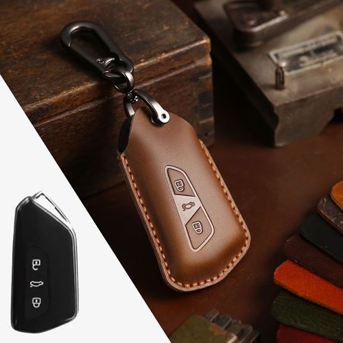 Brun - Housse De Clé De Voiture Intelligente En Cuir Véritable, Pour Seat Leon Cupra Formentor, Pour Volkswagen Vw Golf 8 Id-4, Skoda Octavia A8 Mk4