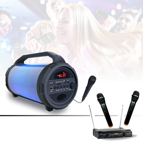 Enceinte lumineuse sur batterie Karaoke USB/Bluetooth PARTY-TUBELED - 2 micros sans fil UHF - 1 Micro filaire - Soirée - Cadeau