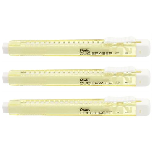 Pentel Lot De 3 Stylos Gomme Clic Eraser, Corps Jaune Pastel