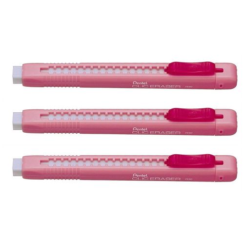 Pentel Lot De 3 Stylos Gomme Clic Eraser, Corps Rose